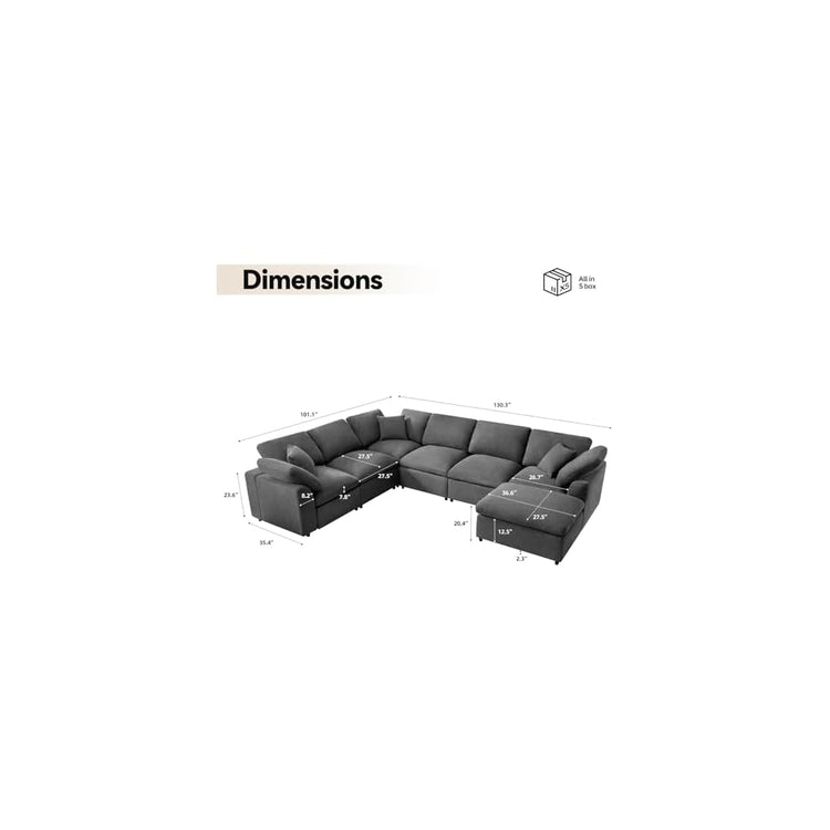 Siiejia Modular 7 Seater Sectional Sofa, Oversized Cloud Couches, Dark Grey