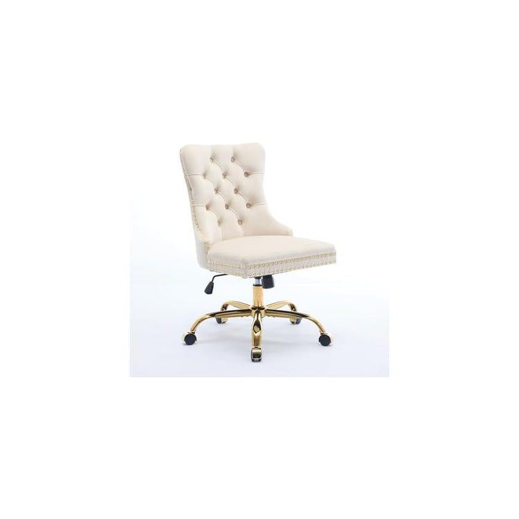 Comfortable Velvet Upholstered Office Chair with Wheels, Button Tufted Home Office Chair with Golden Metal Base, Adjustable Desk Chair Swivel Office Seat with Gold Nailhead Trim for Small Space(Beige)