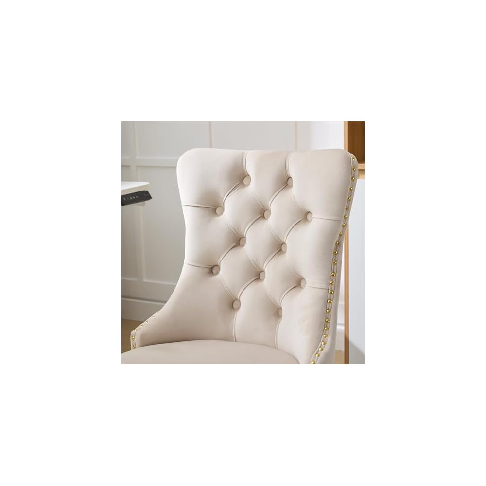 Comfortable Velvet Upholstered Office Chair with Wheels, Button Tufted Home Office Chair with Golden Metal Base, Adjustable Desk Chair Swivel Office Seat with Gold Nailhead Trim for Small Space(Beige)