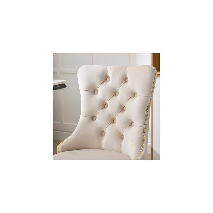 Comfortable Velvet Upholstered Office Chair with Wheels, Button Tufted Home Office Chair with Golden Metal Base, Adjustable Desk Chair Swivel Office Seat with Gold Nailhead Trim for Small Space(Beige)