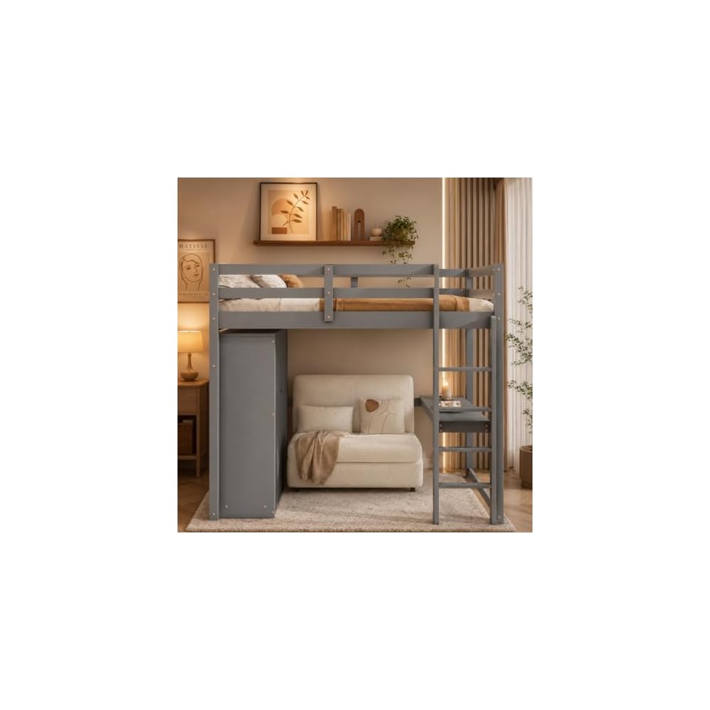 Merax Full Size Wood Loft Bed with Built-in Wardrobe, Large Desk, 2-Tier Storage Shelves & 3 Drawers, Solid Pine Wood Frame, 350 lbs Capacity, No Box Spring Needed for Bedroom, Gray