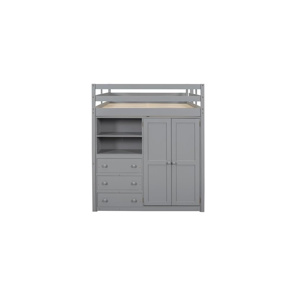 Merax Full Size Wood Loft Bed with Built-in Wardrobe, Large Desk, 2-Tier Storage Shelves & 3 Drawers, Solid Pine Wood Frame, 350 lbs Capacity, No Box Spring Needed for Bedroom, Gray