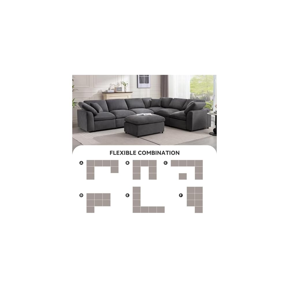 Siiejia Modular 7 Seater Sectional Sofa, Oversized Cloud Couches, Dark Grey