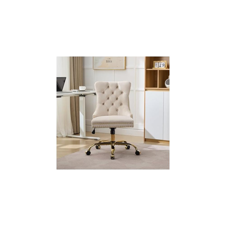 Comfortable Velvet Upholstered Office Chair with Wheels, Button Tufted Home Office Chair with Golden Metal Base, Adjustable Desk Chair Swivel Office Seat with Gold Nailhead Trim for Small Space(Beige)