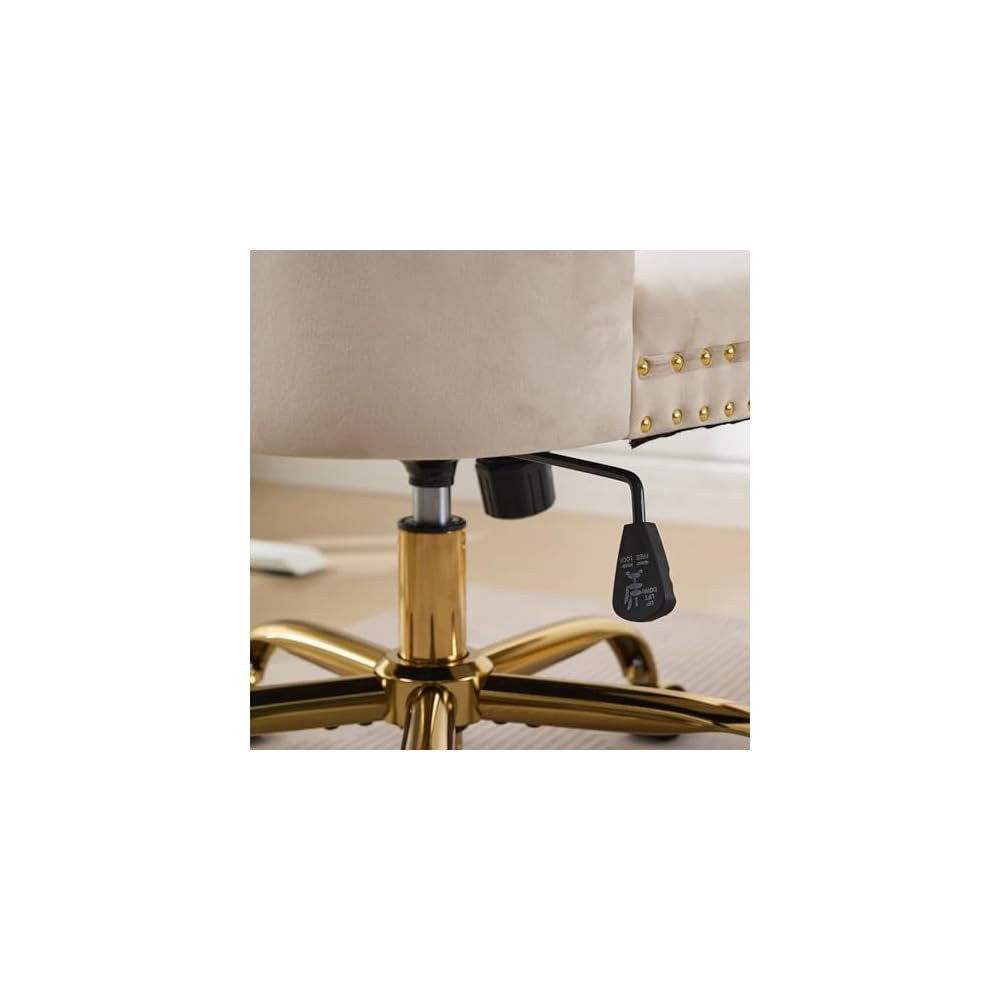Comfortable Velvet Upholstered Office Chair with Wheels, Button Tufted Home Office Chair with Golden Metal Base, Adjustable Desk Chair Swivel Office Seat with Gold Nailhead Trim for Small Space(Beige)