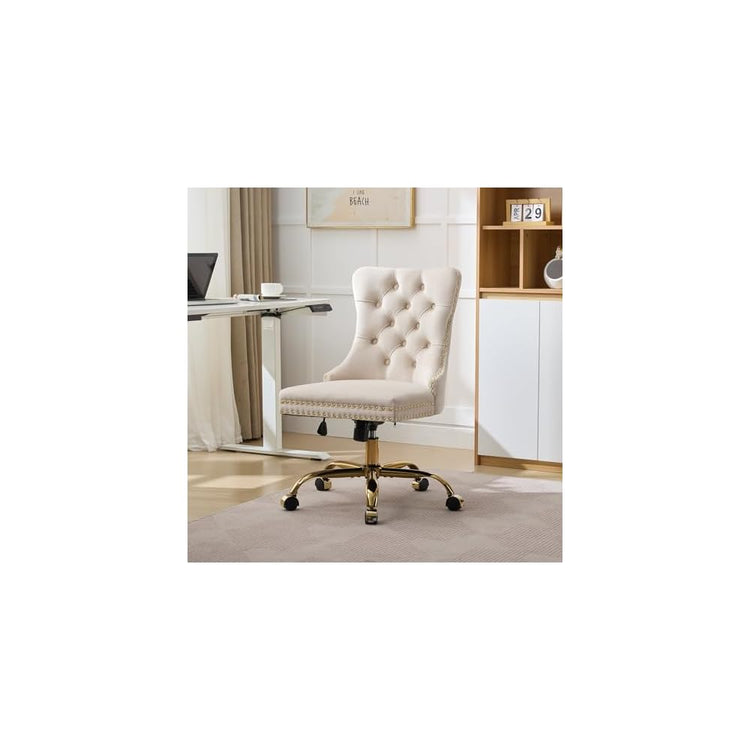Comfortable Velvet Upholstered Office Chair with Wheels, Button Tufted Home Office Chair with Golden Metal Base, Adjustable Desk Chair Swivel Office Seat with Gold Nailhead Trim for Small Space(Beige)