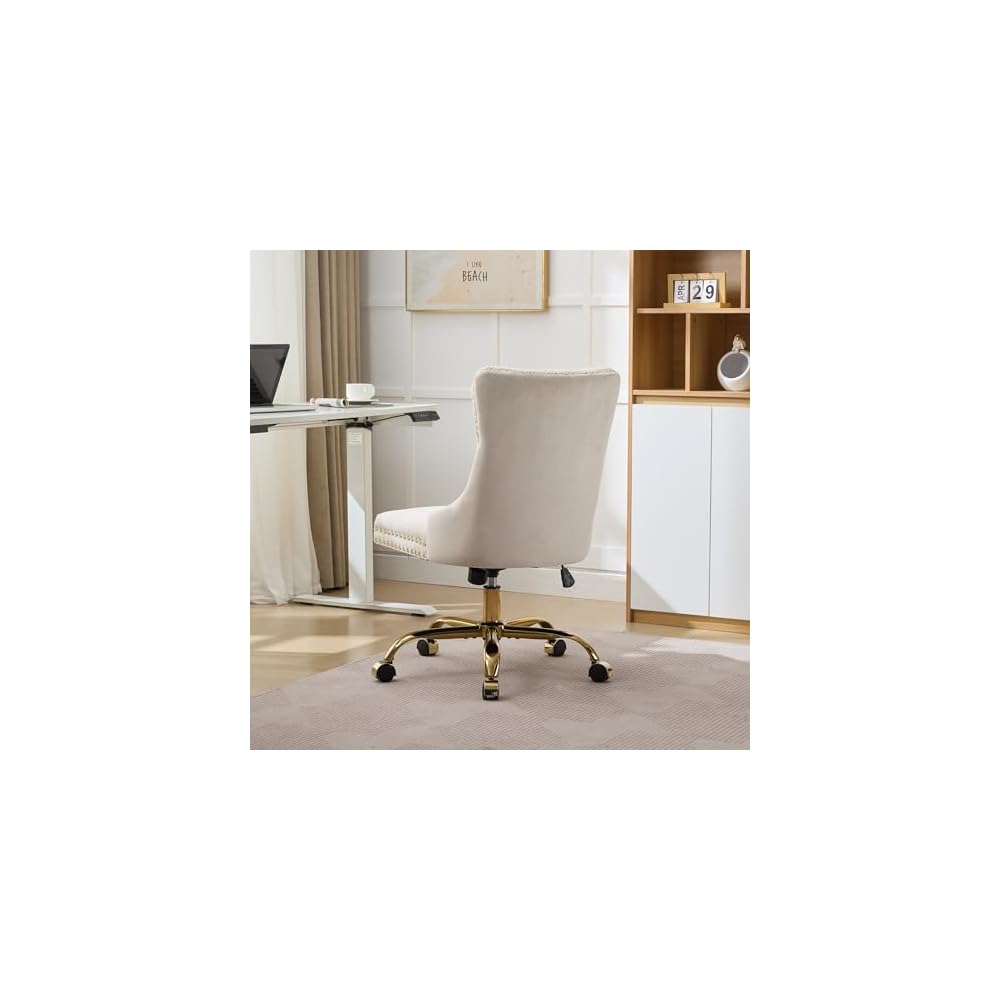 Comfortable Velvet Upholstered Office Chair with Wheels, Button Tufted Home Office Chair with Golden Metal Base, Adjustable Desk Chair Swivel Office Seat with Gold Nailhead Trim for Small Space(Beige)