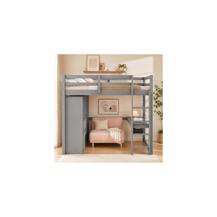 Merax Full Size Wood Loft Bed with Built-in Wardrobe, Large Desk, 2-Tier Storage Shelves & 3 Drawers, Solid Pine Wood Frame, 350 lbs Capacity, No Box Spring Needed for Bedroom, Gray