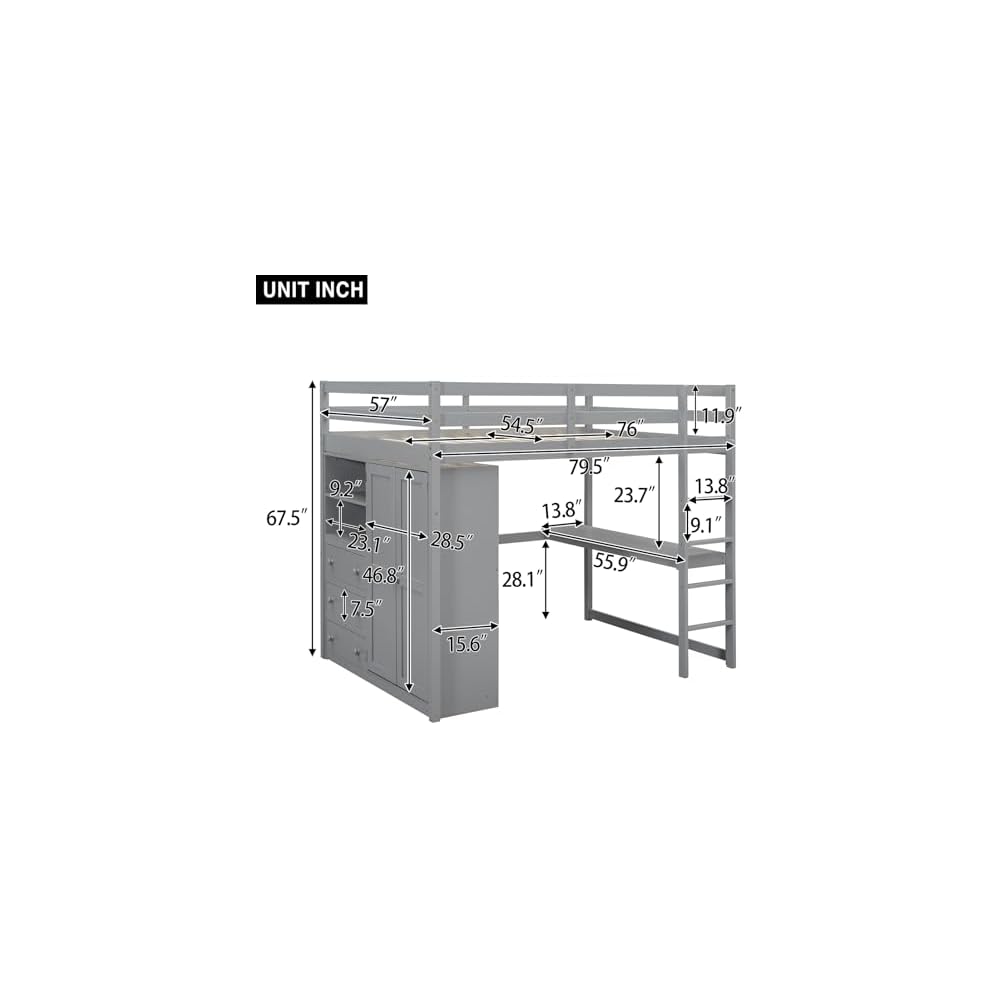 Merax Full Size Wood Loft Bed with Built-in Wardrobe, Large Desk, 2-Tier Storage Shelves & 3 Drawers, Solid Pine Wood Frame, 350 lbs Capacity, No Box Spring Needed for Bedroom, Gray