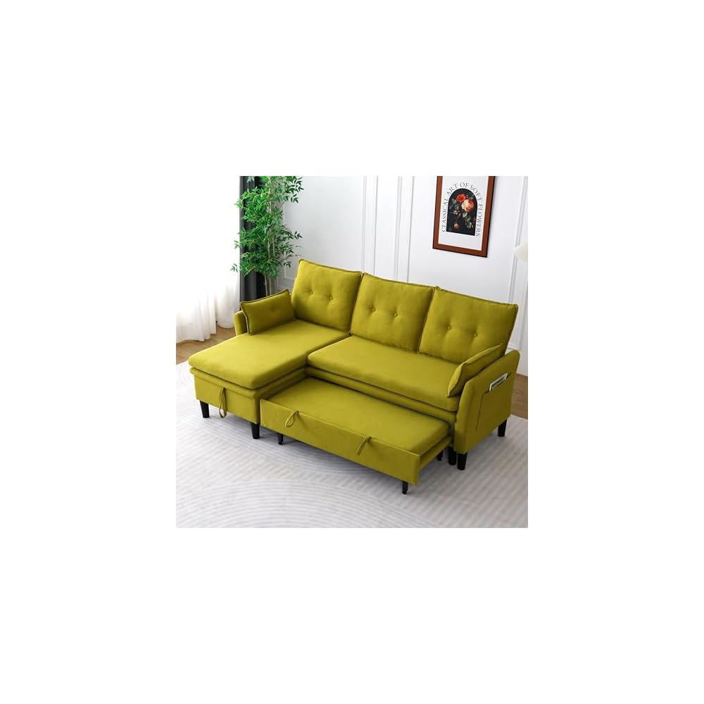 Pull Out Couch with Storage L Shaped Convertible Sleeper Sofa Bed w/Reversible Storage Chaise Small Corner Sofa w/Side Pockets & 2 Pillows Sectional Couches for Living Room Apartment (Green)