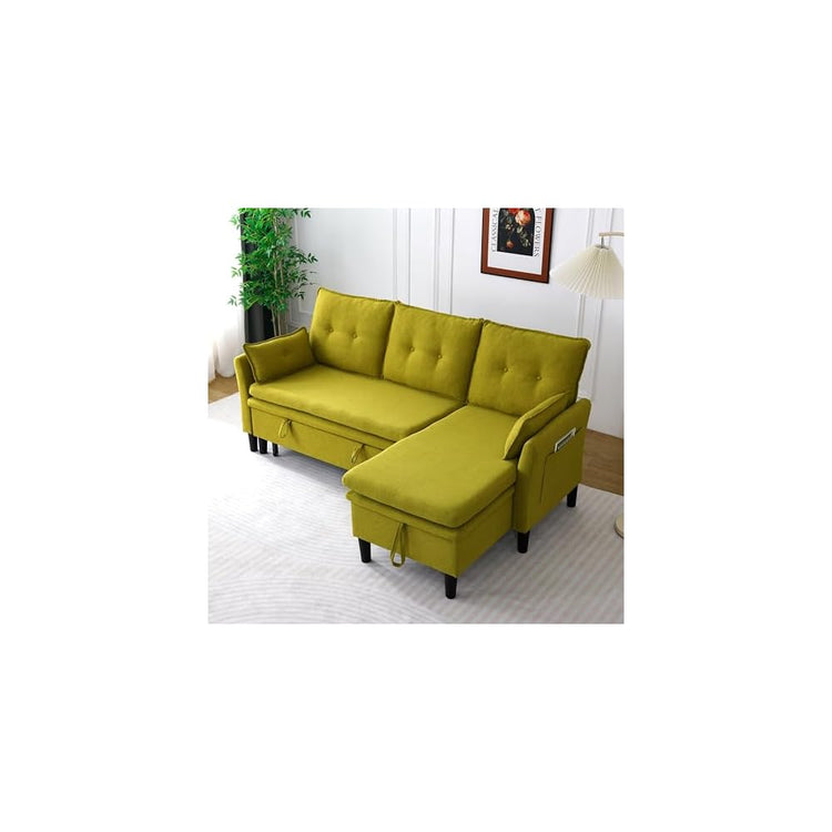 Pull Out Couch with Storage L Shaped Convertible Sleeper Sofa Bed w/Reversible Storage Chaise Small Corner Sofa w/Side Pockets & 2 Pillows Sectional Couches for Living Room Apartment (Green)