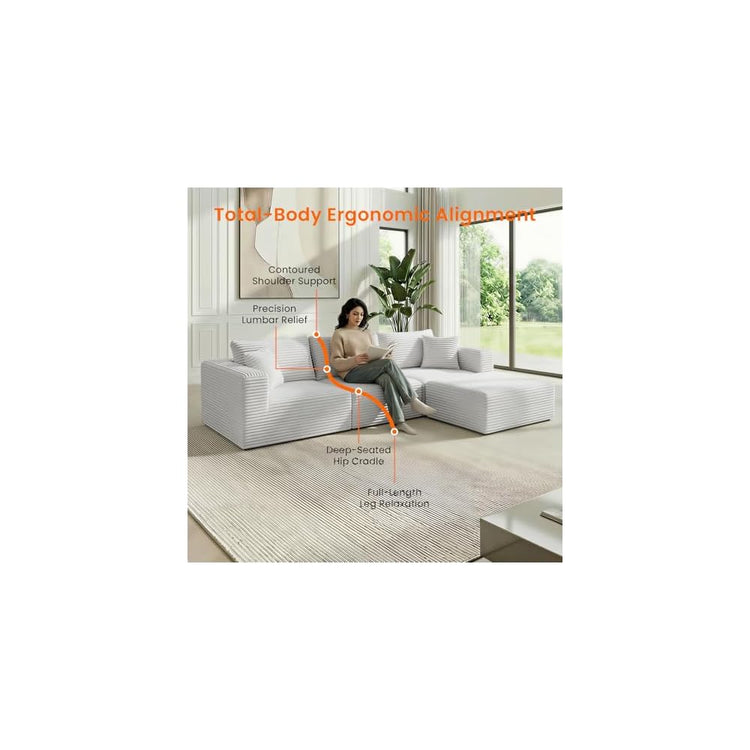 CECER 117'' Convertible Sectional Sofa with Reversible Chaise, Ergonomic 4 Seat Couch with Wide-Armrests, Corduroy Sofa Couches for Living Room, Apartment-Beige