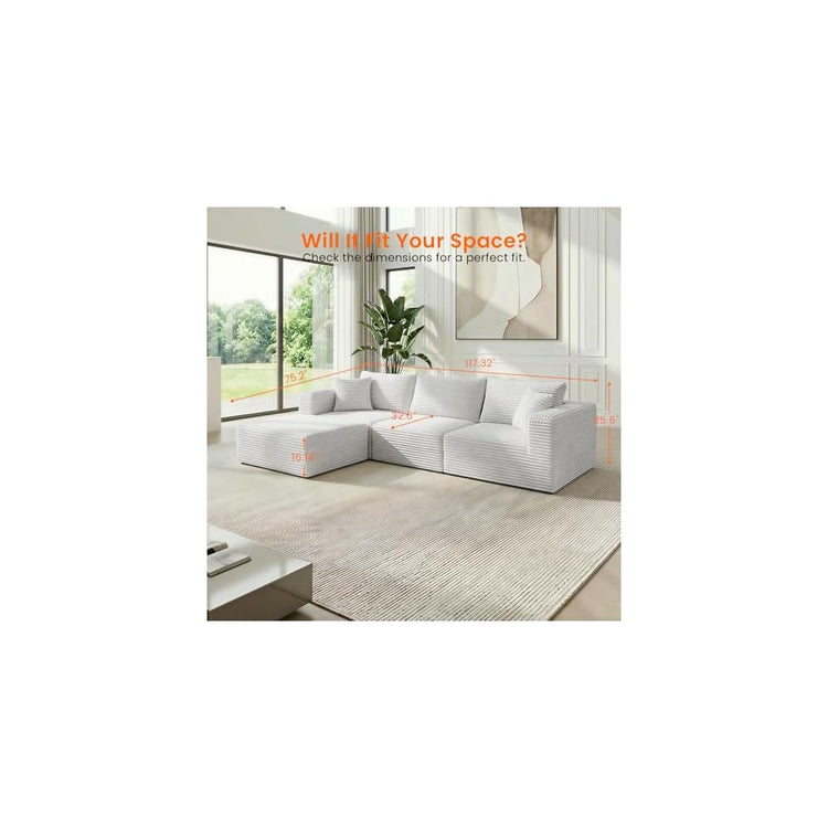 CECER 117'' Convertible Sectional Sofa with Reversible Chaise, Ergonomic 4 Seat Couch with Wide-Armrests, Corduroy Sofa Couches for Living Room, Apartment-Beige
