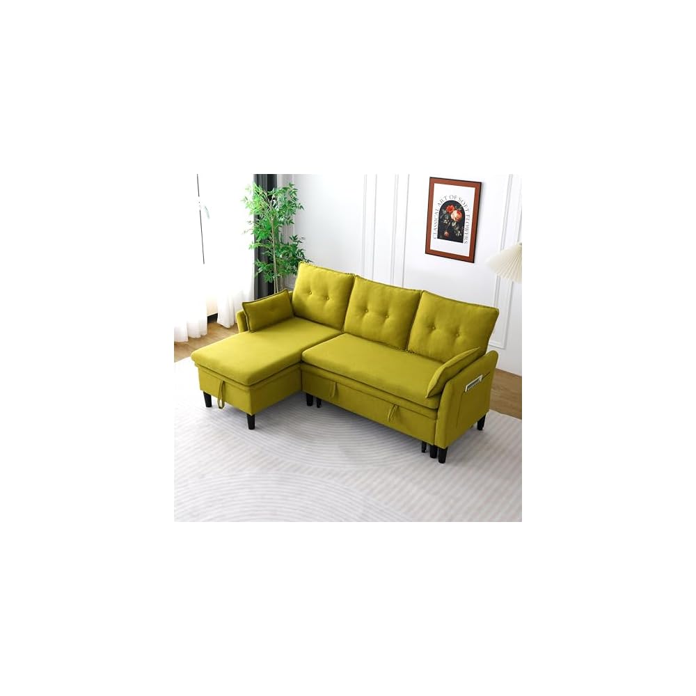 Pull Out Couch with Storage L Shaped Convertible Sleeper Sofa Bed w/Reversible Storage Chaise Small Corner Sofa w/Side Pockets & 2 Pillows Sectional Couches for Living Room Apartment (Green)