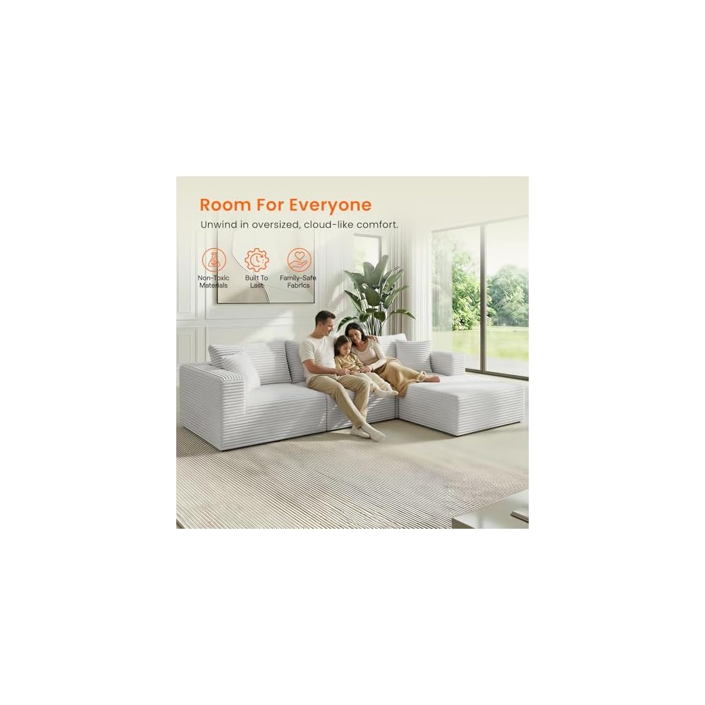 CECER 117'' Convertible Sectional Sofa with Reversible Chaise, Ergonomic 4 Seat Couch with Wide-Armrests, Corduroy Sofa Couches for Living Room, Apartment-Beige