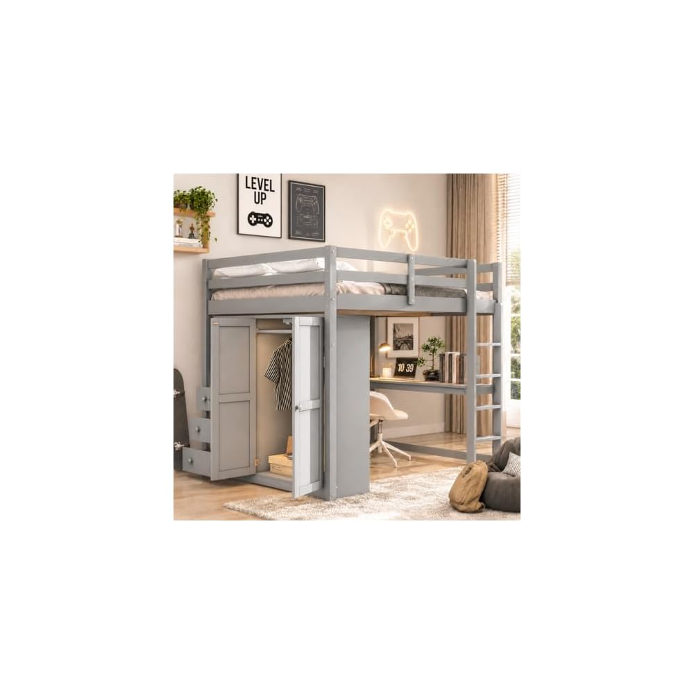 Merax Full Size Wood Loft Bed with Built-in Wardrobe, Large Desk, 2-Tier Storage Shelves & 3 Drawers, Solid Pine Wood Frame, 350 lbs Capacity, No Box Spring Needed for Bedroom, Gray
