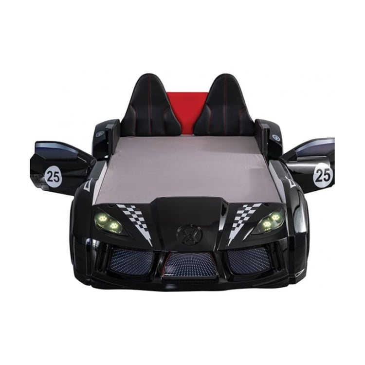 MASARA Race Car Twin Size Bed Frame for Boys with LED Lights, Music Player & Magnetic Doors | Kids Bedroom Furniture, Black