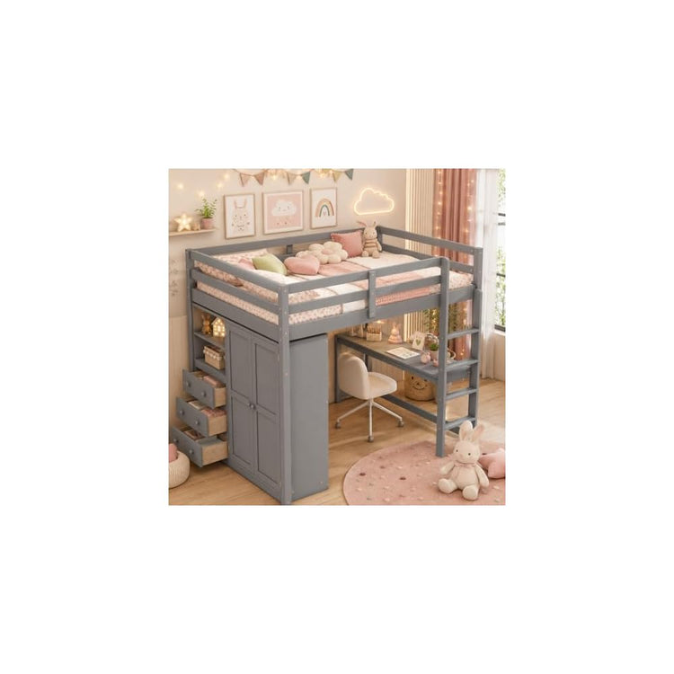 Merax Full Size Wood Loft Bed with Built-in Wardrobe, Large Desk, 2-Tier Storage Shelves & 3 Drawers, Solid Pine Wood Frame, 350 lbs Capacity, No Box Spring Needed for Bedroom, Gray