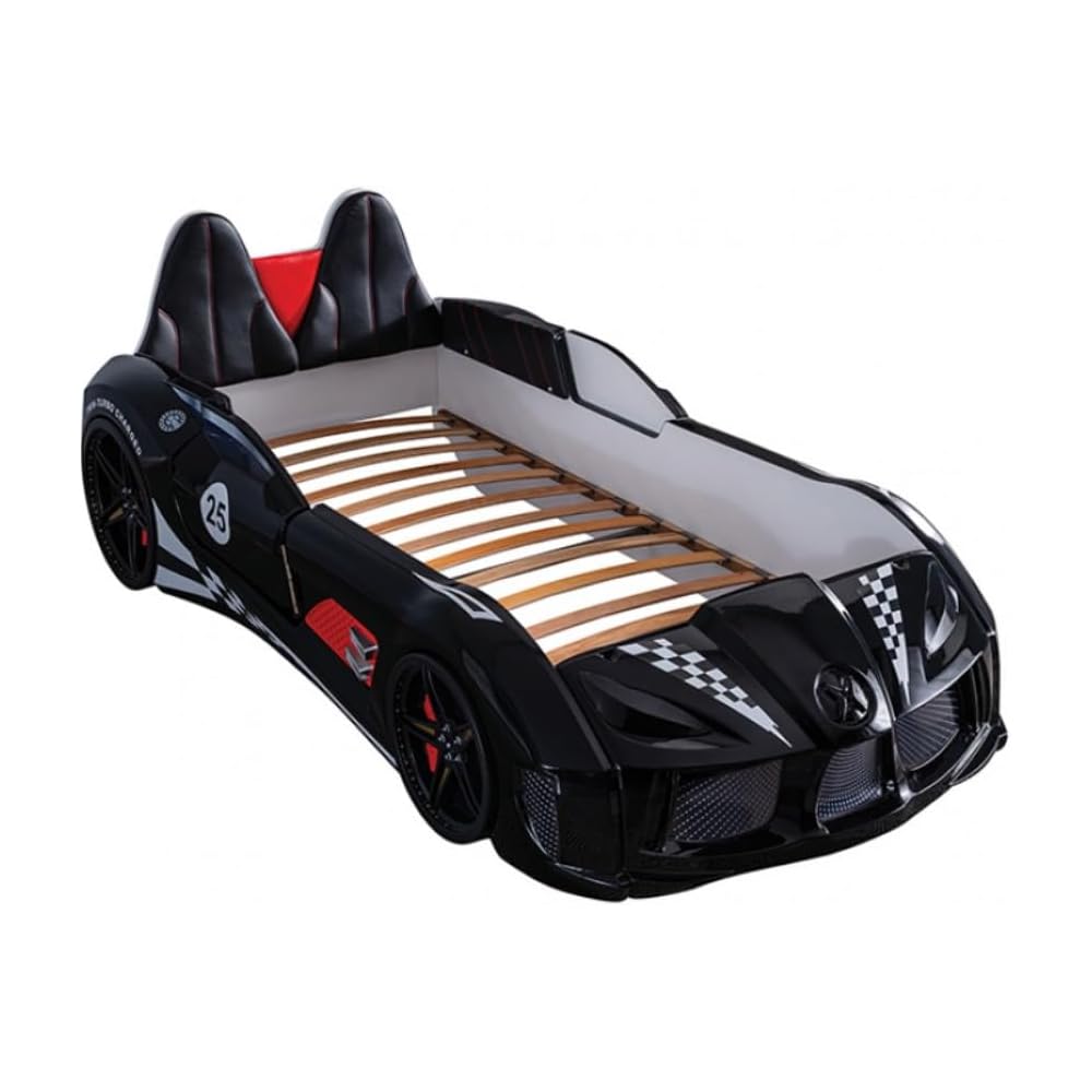 MASARA Race Car Twin Size Bed Frame for Boys with LED Lights, Music Player & Magnetic Doors | Kids Bedroom Furniture, Black