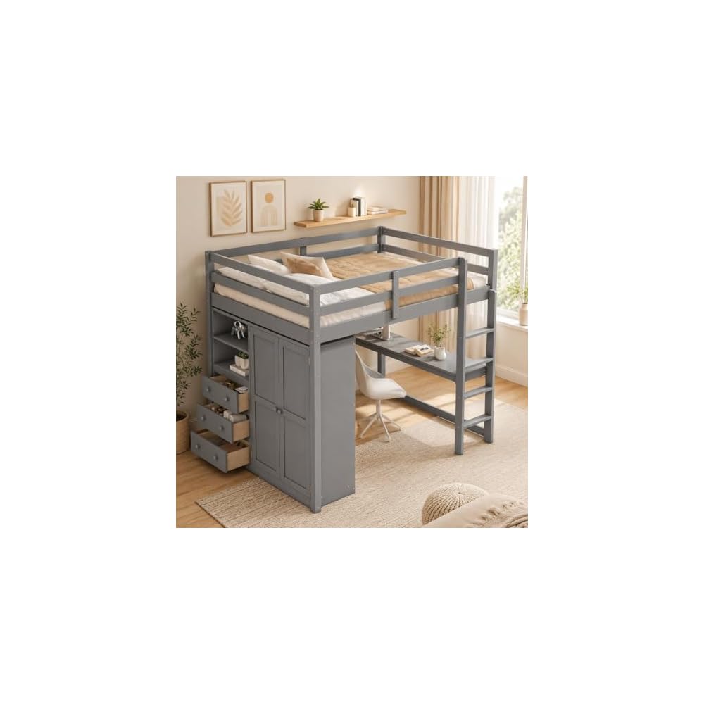 Merax Full Size Wood Loft Bed with Built-in Wardrobe, Large Desk, 2-Tier Storage Shelves & 3 Drawers, Solid Pine Wood Frame, 350 lbs Capacity, No Box Spring Needed for Bedroom, Gray