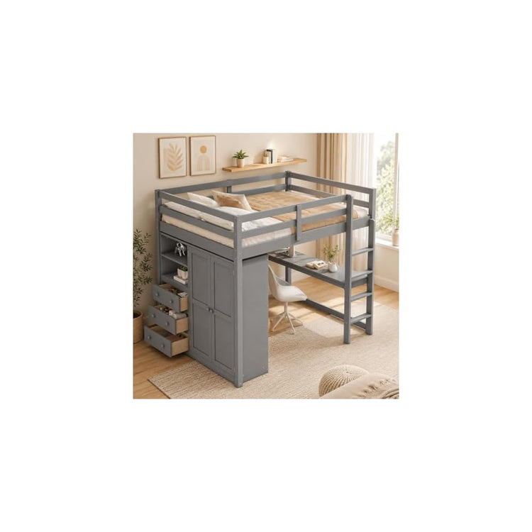 Merax Full Size Wood Loft Bed with Built-in Wardrobe, Large Desk, 2-Tier Storage Shelves & 3 Drawers, Solid Pine Wood Frame, 350 lbs Capacity, No Box Spring Needed for Bedroom, Gray