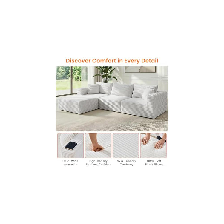 CECER 117'' Convertible Sectional Sofa with Reversible Chaise, Ergonomic 4 Seat Couch with Wide-Armrests, Corduroy Sofa Couches for Living Room, Apartment-Beige