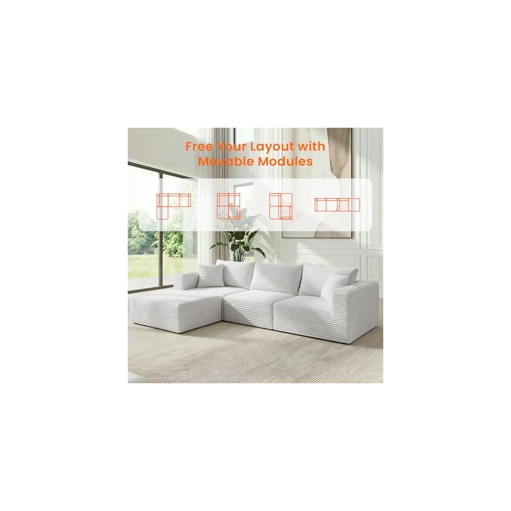 CECER 117'' Convertible Sectional Sofa with Reversible Chaise, Ergonomic 4 Seat Couch with Wide-Armrests, Corduroy Sofa Couches for Living Room, Apartment-Beige