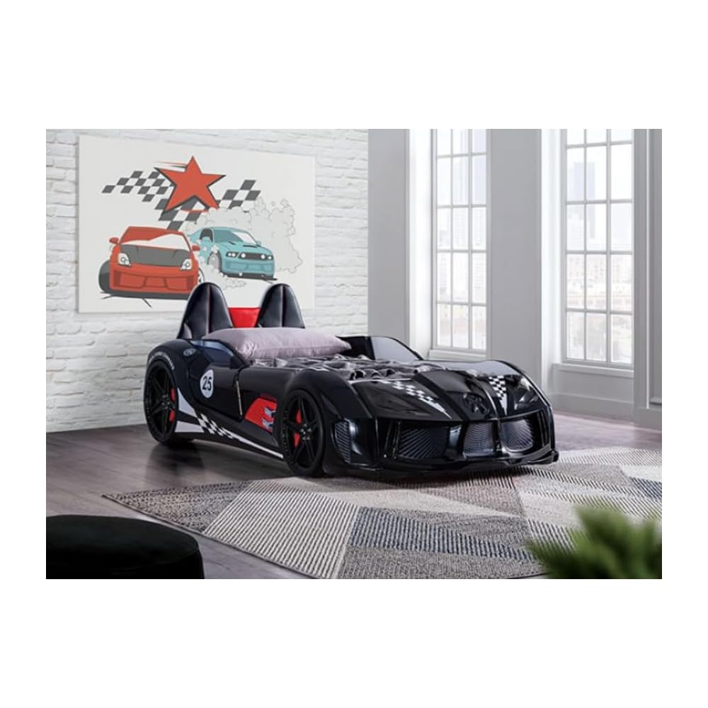MASARA Race Car Twin Size Bed Frame for Boys with LED Lights, Music Player & Magnetic Doors | Kids Bedroom Furniture, Black