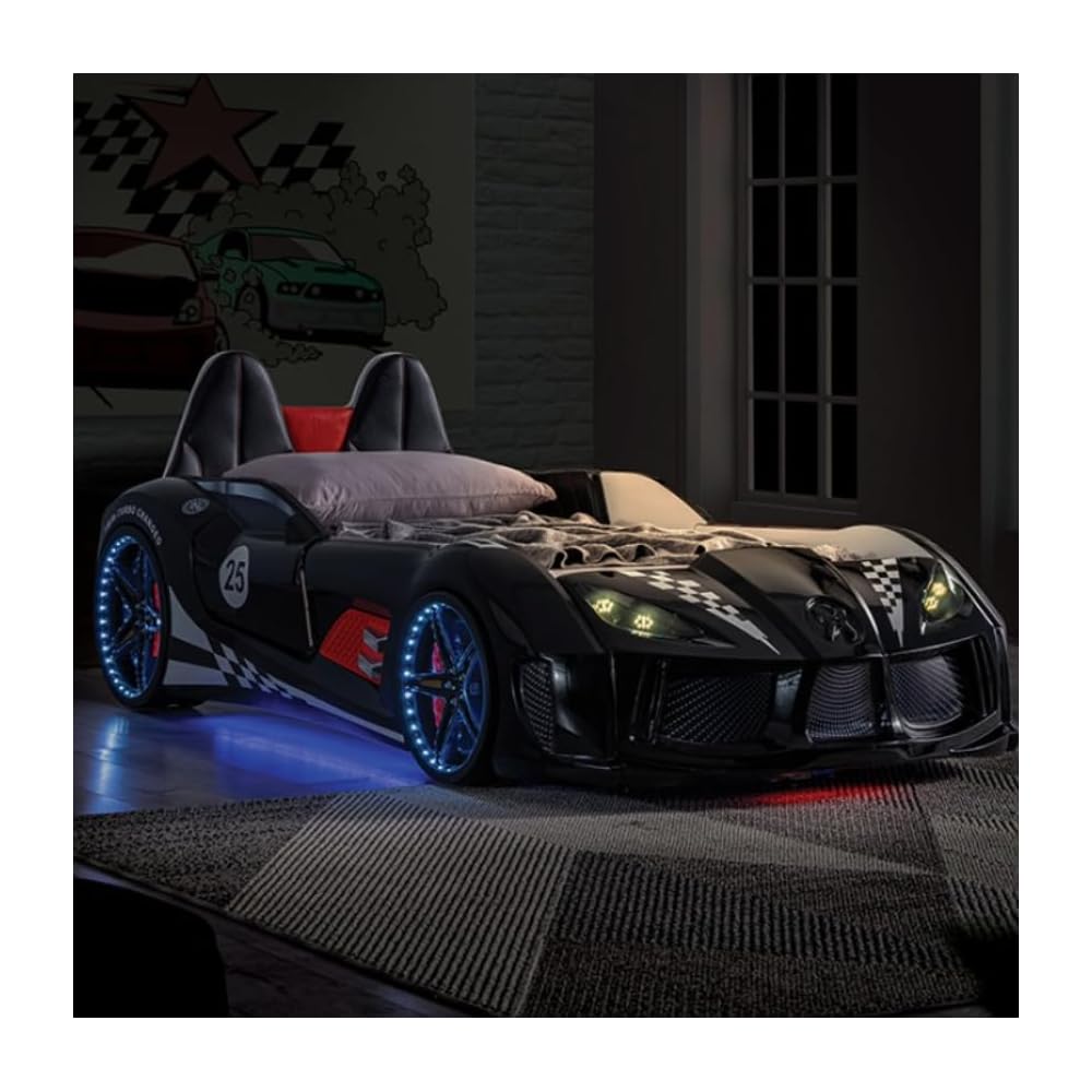 MASARA Race Car Twin Size Bed Frame for Boys with LED Lights, Music Player & Magnetic Doors | Kids Bedroom Furniture, Black