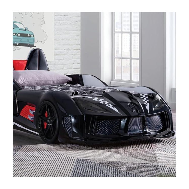 MASARA Race Car Twin Size Bed Frame for Boys with LED Lights, Music Player & Magnetic Doors | Kids Bedroom Furniture, Black