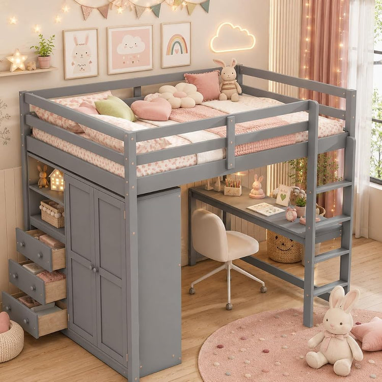 Merax Full Size Wood Loft Bed with Built-in Wardrobe, Large Desk, 2-Tier Storage Shelves & 3 Drawers, Solid Pine Wood Frame, 350 lbs Capacity, No Box Spring Needed for Bedroom, Gray