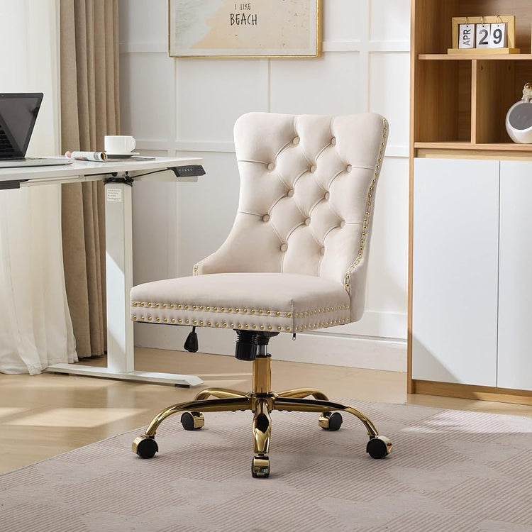 Comfortable Velvet Upholstered Office Chair with Wheels, Button Tufted Home Office Chair with Golden Metal Base, Adjustable Desk Chair Swivel Office Seat with Gold Nailhead Trim for Small Space(Beige)