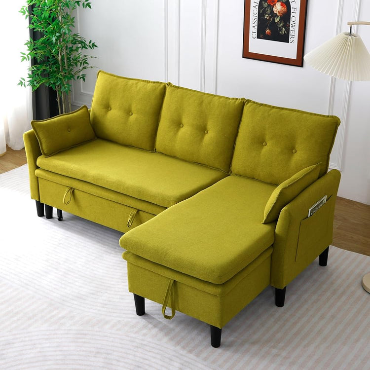Pull Out Couch with Storage L Shaped Convertible Sleeper Sofa Bed w/Reversible Storage Chaise Small Corner Sofa w/Side Pockets & 2 Pillows Sectional Couches for Living Room Apartment (Green)
